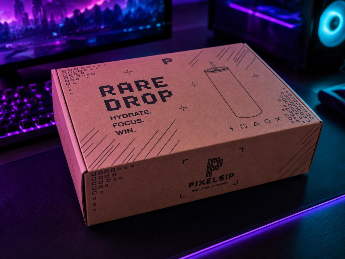 Zamknięte pudełko Rare Drop Pixel Sip na gamingowym biurku